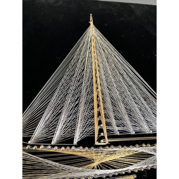 VTG Mid Century 3D String Art Nail Sail Boat Ship Wall Wood Frame 15x14” Velvet - Picture 5 of 16